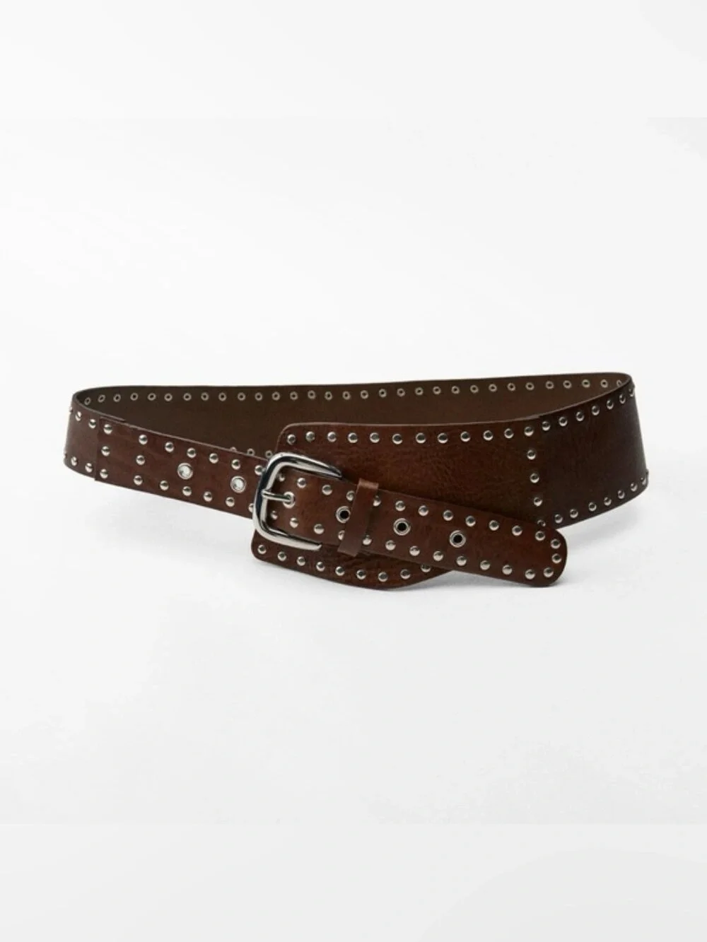 Zara Dark Brown Studded Wide Leather Belt with Silver Hardware